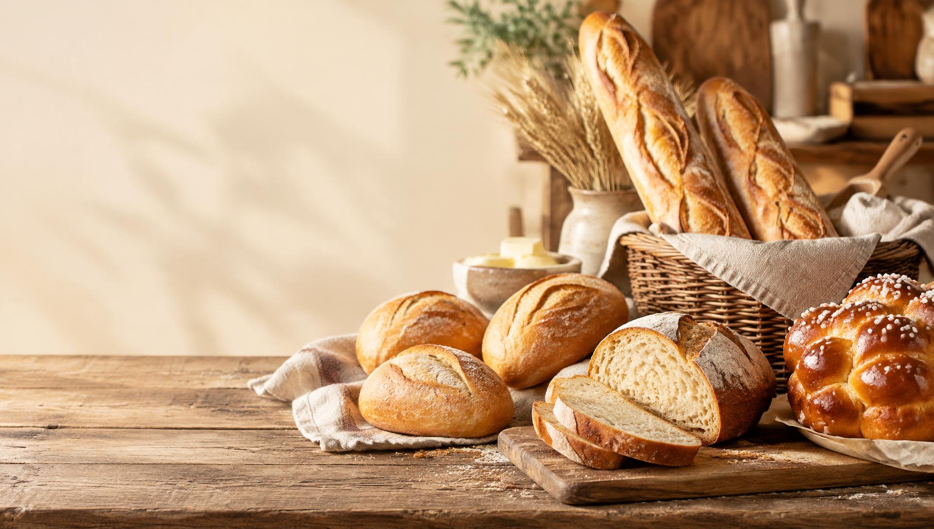 Pães artesanais fresquinhos da Art & Talento sobre mesa de madeira